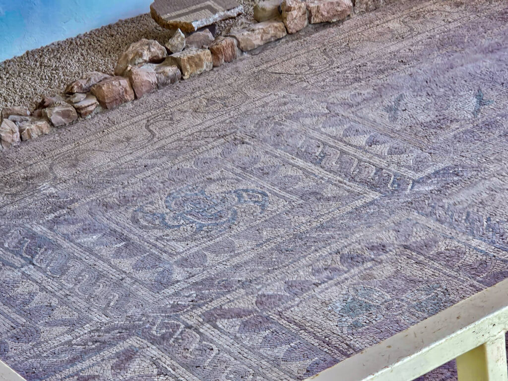 A Roman Mosaic mural on a floor in a town in Montenegro.