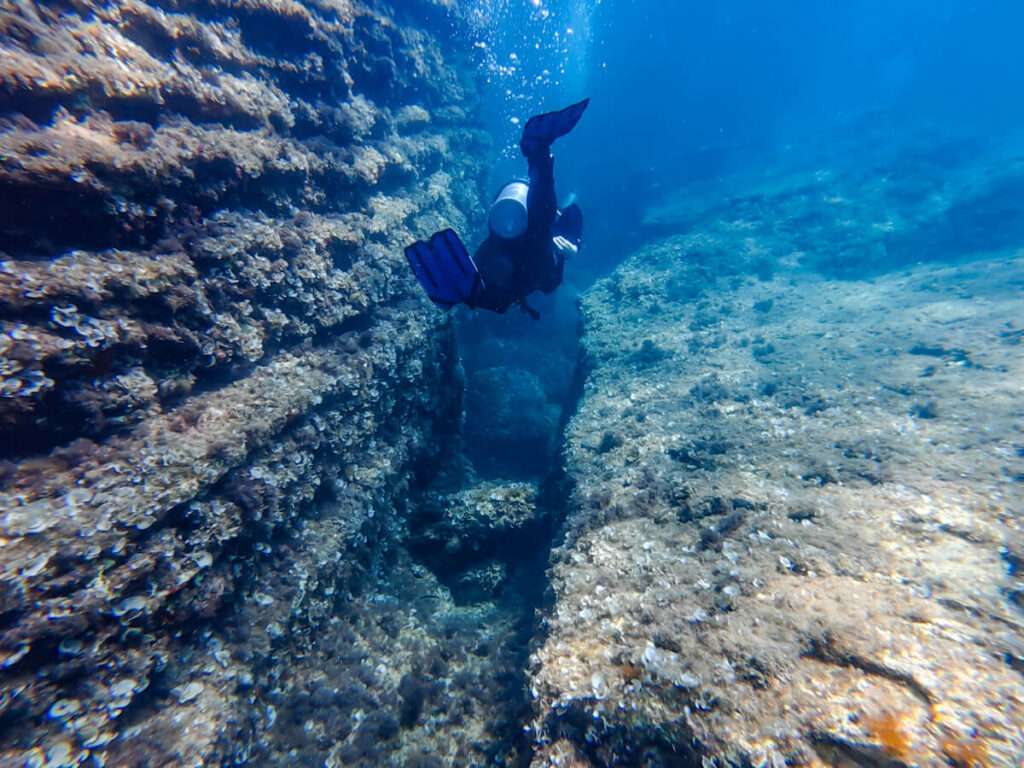 A SCUBA diver swimming between the walls of a reef off Budva, Montenegro.