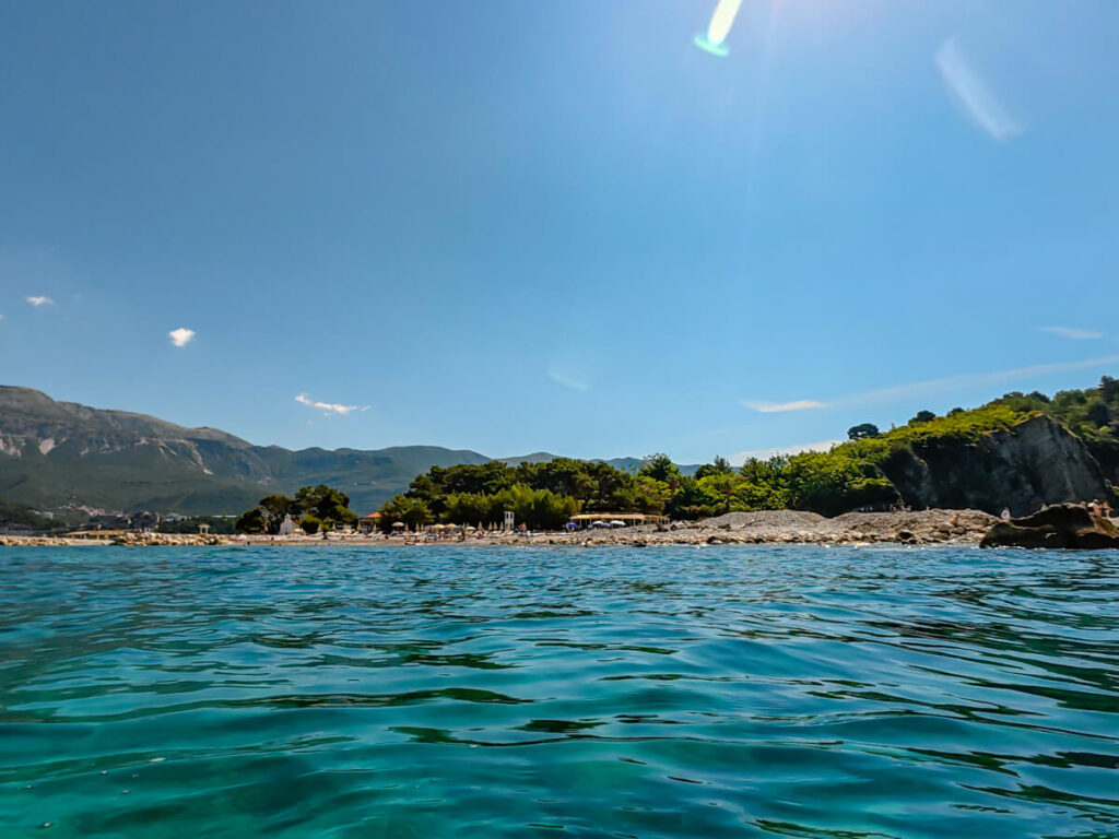 Hawaii Beach off Sveti Nikola Island, seen from the water before SCUBA diving in Budva, Montenegro.
