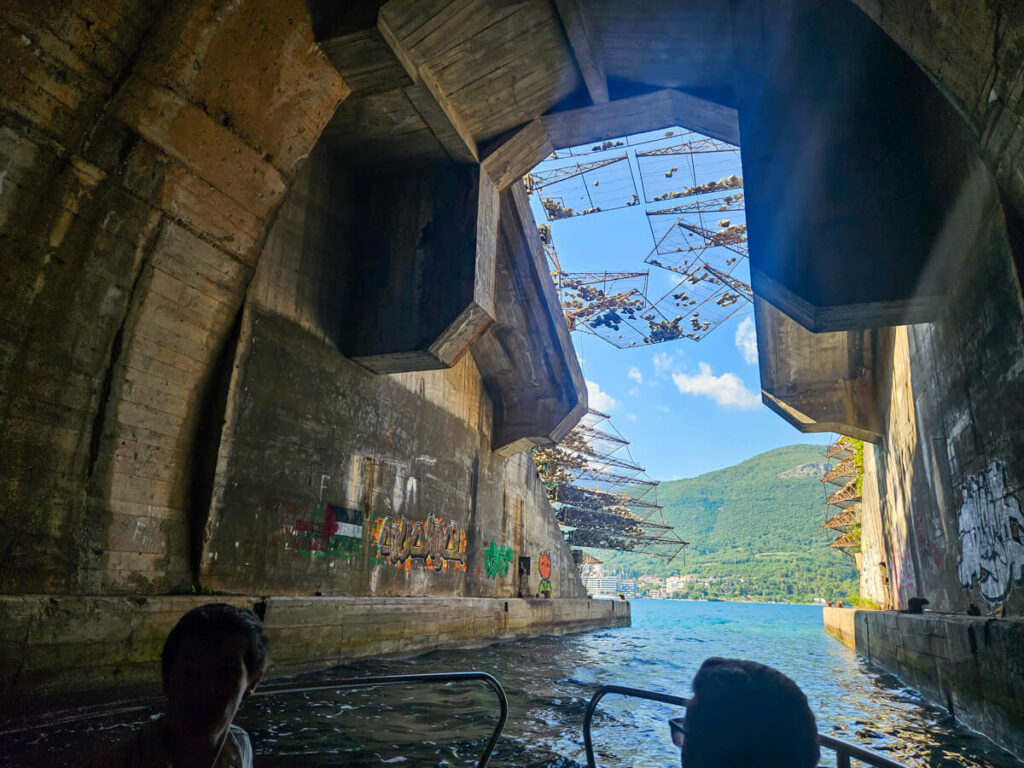 The entrance to a submarine tunnel carved into the Luštica Peninsula, viewed from a speedboat inside the tunnel.