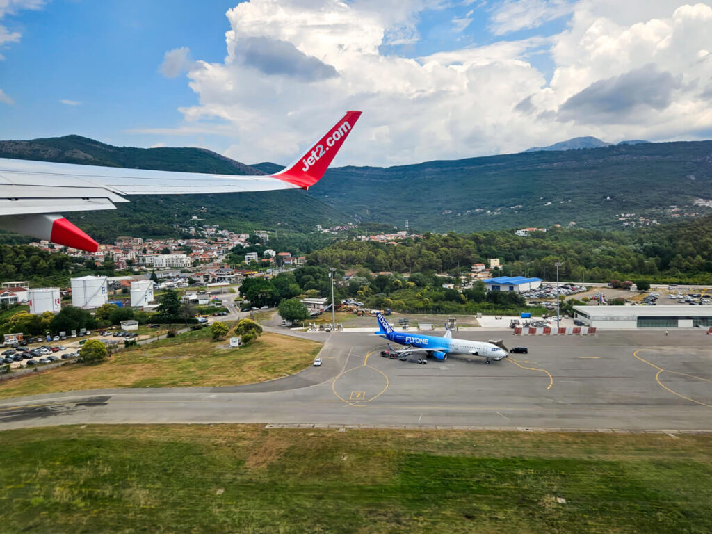 Planes on a runway at Tivat Airport in Montenegro.