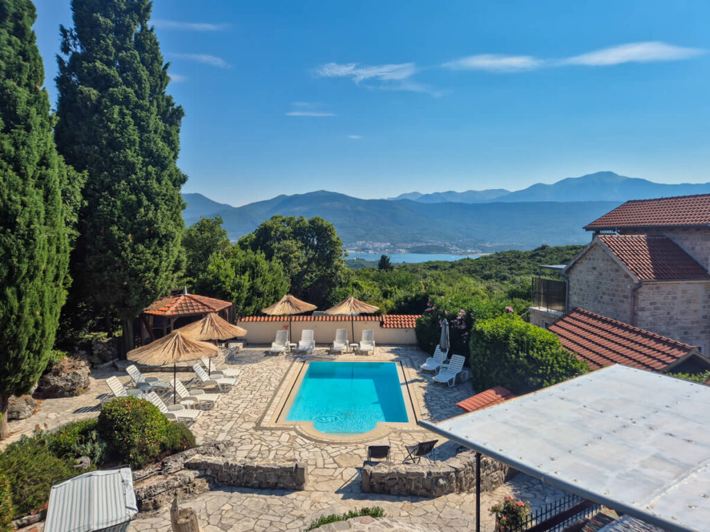 The pool in a luxurious villa with views of the Lustica Peninsula in Montenegro.