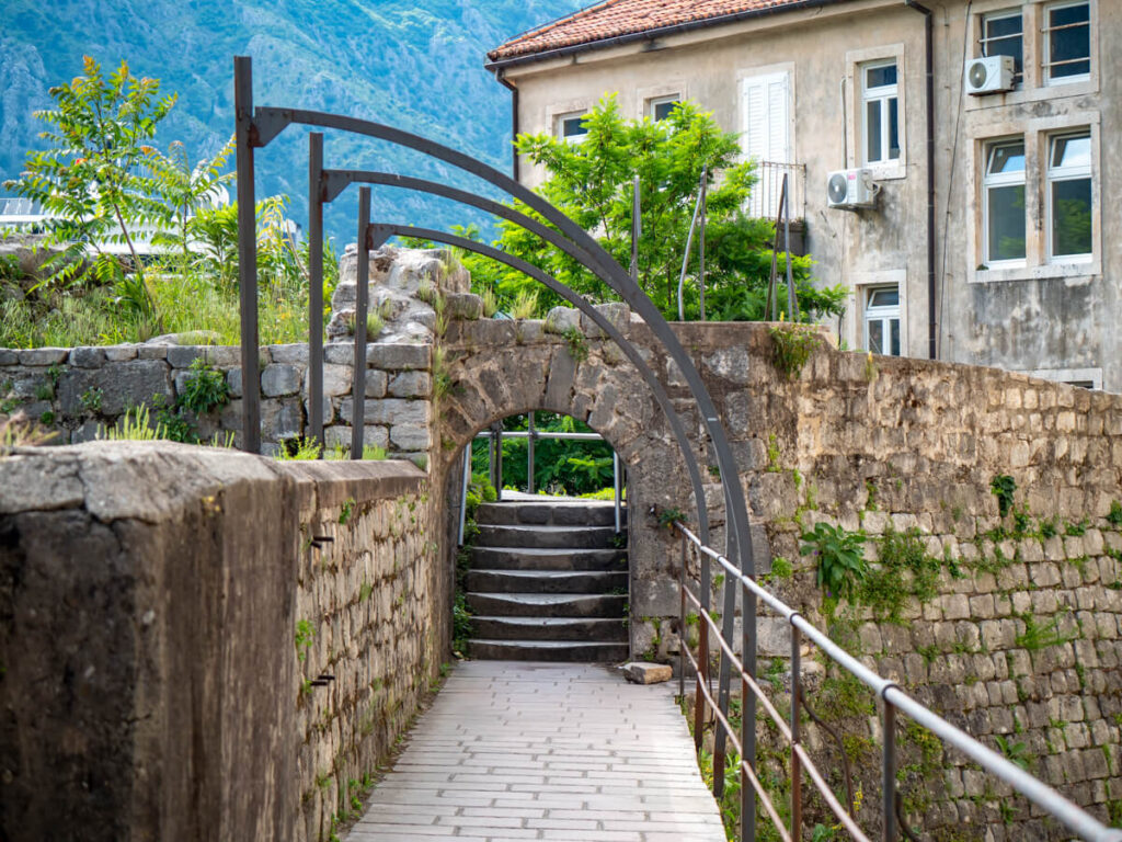 The stone walls that surround Kotor's old town, viewed from the walk on top.