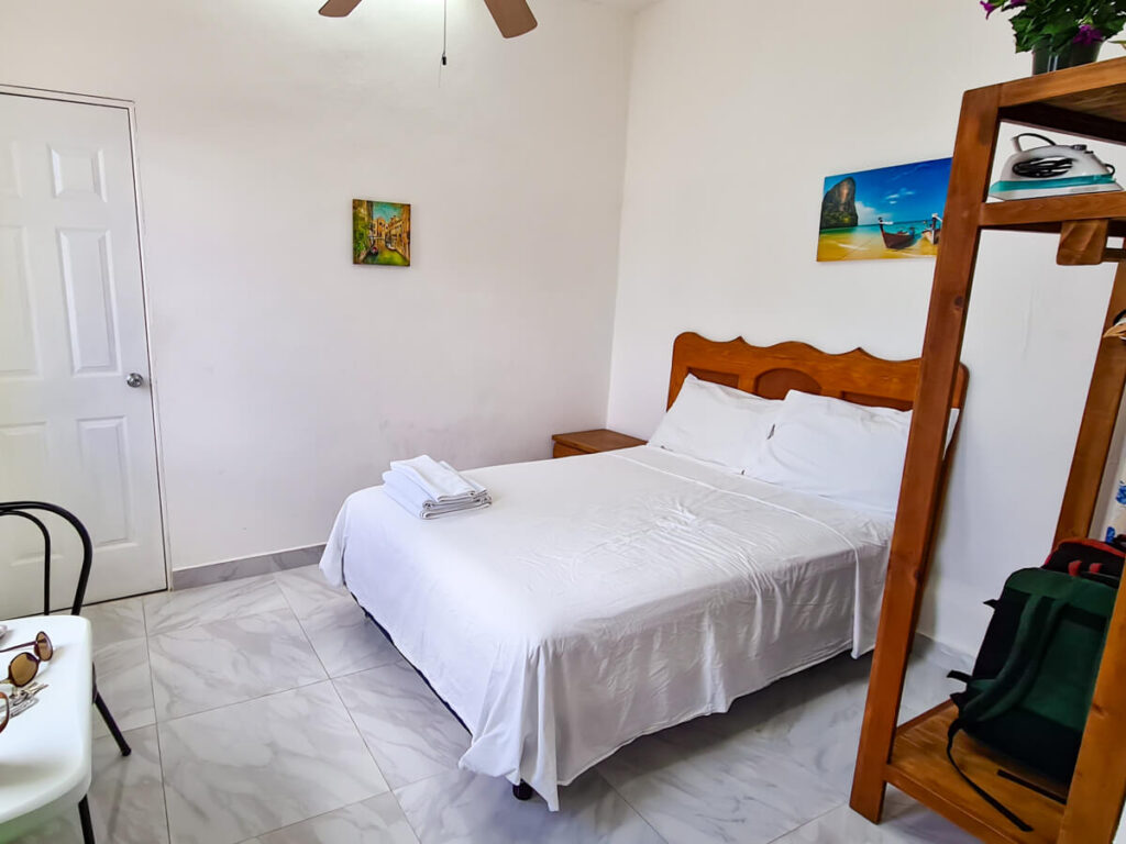 The white interior of a hotel room in San Miguel, Isla Cozumel.