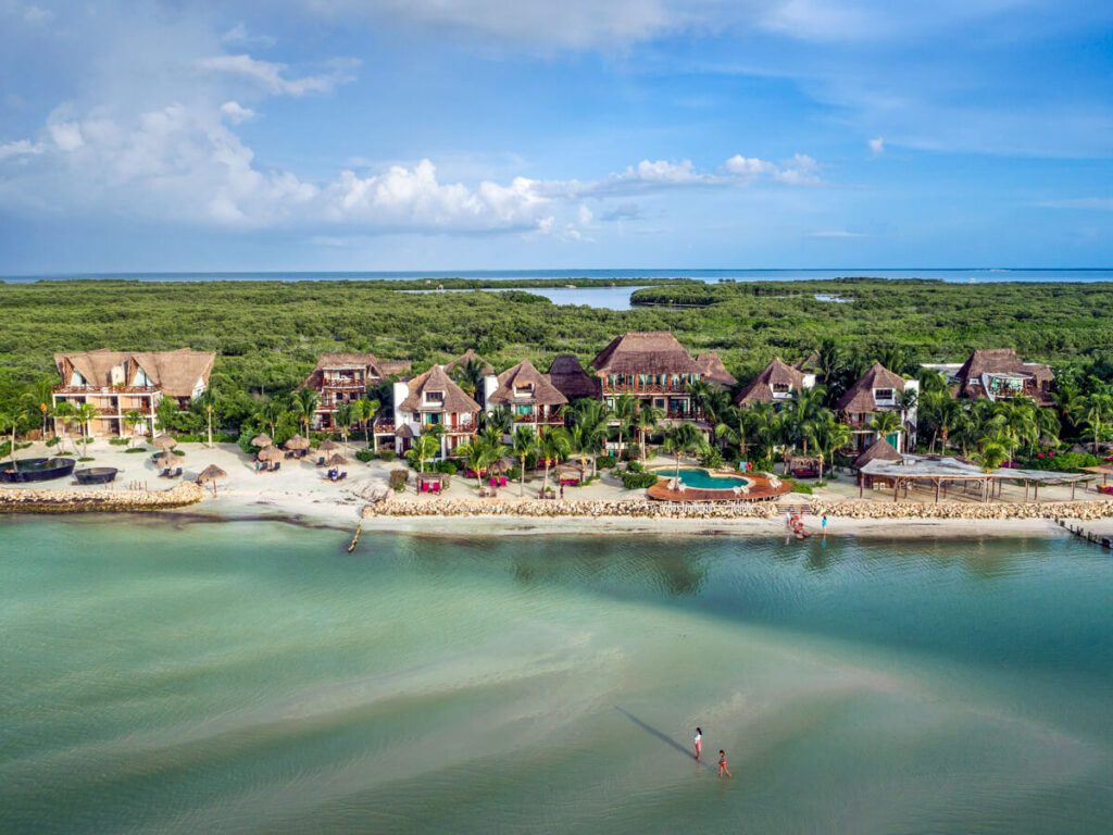 A drone shot of Hotel Villas Flamingos, a beautiful beachfront hotel in Holbox.