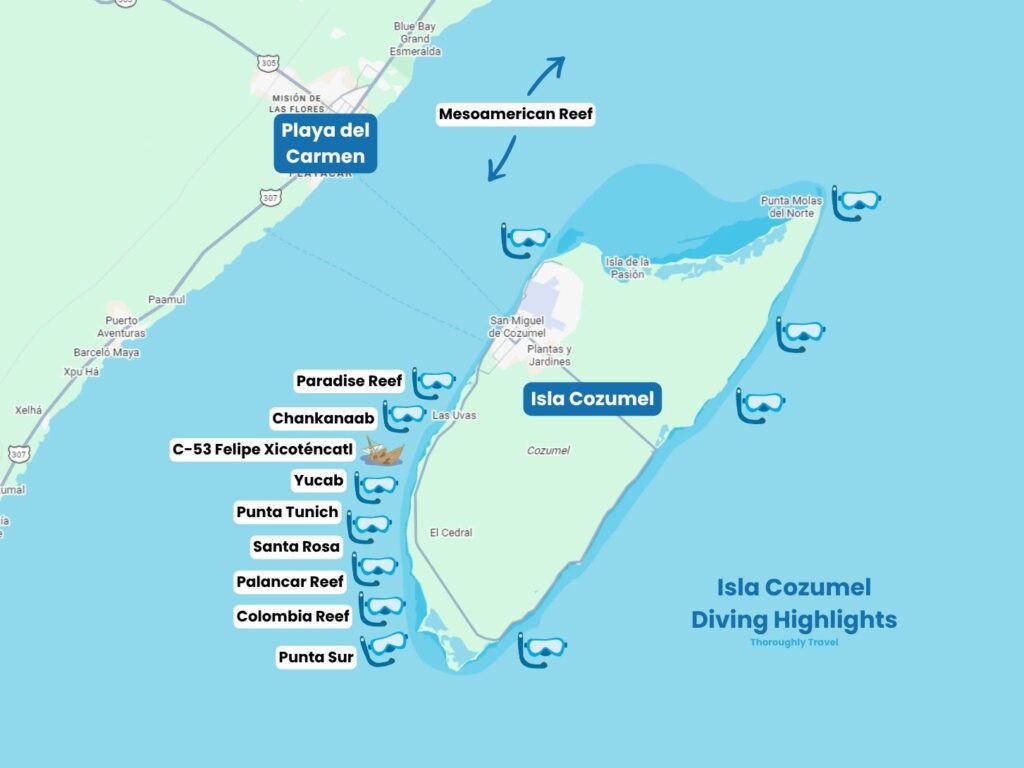 A map of Isla Cozumel with icons and labels highlighting the locations of key dive sites around the island.