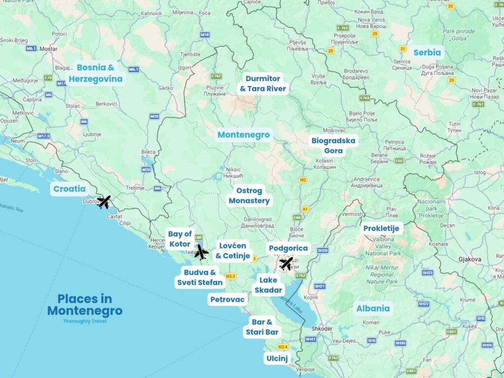 A map of Montenegro with labels highlighting key locations, including the Bay of Kotor, Budva, Sveti Stefan, Petrovac, Bar, Stari Bar, Ulcinj, Lake Skadar, Cetinje, Lovcen National Park, Podgorica, Ostrog Monastery, Biogradska Gora National Park, Durmitor National Park, and Prokletije National Park.